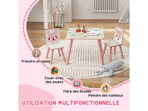 Ensemble table et chaises pour enfants, motif animaux pour chambre à coucher rose, table pour enfant avec 2 chaises