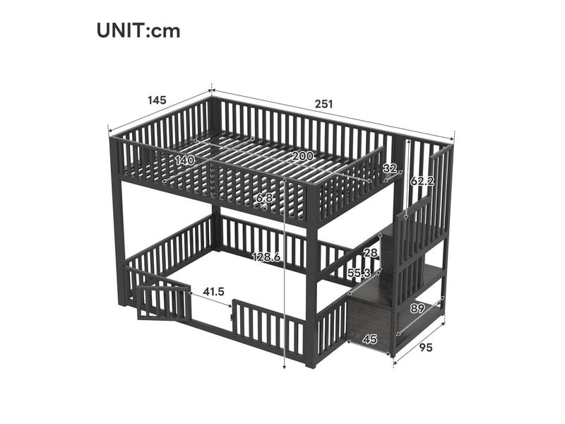 Lit superposé enfant 140x200 cm avec échelle de rangement, led, barrières de sécurité, gain de place, cadre métallique et mdf, noir Radiant Stride - Conforama C
