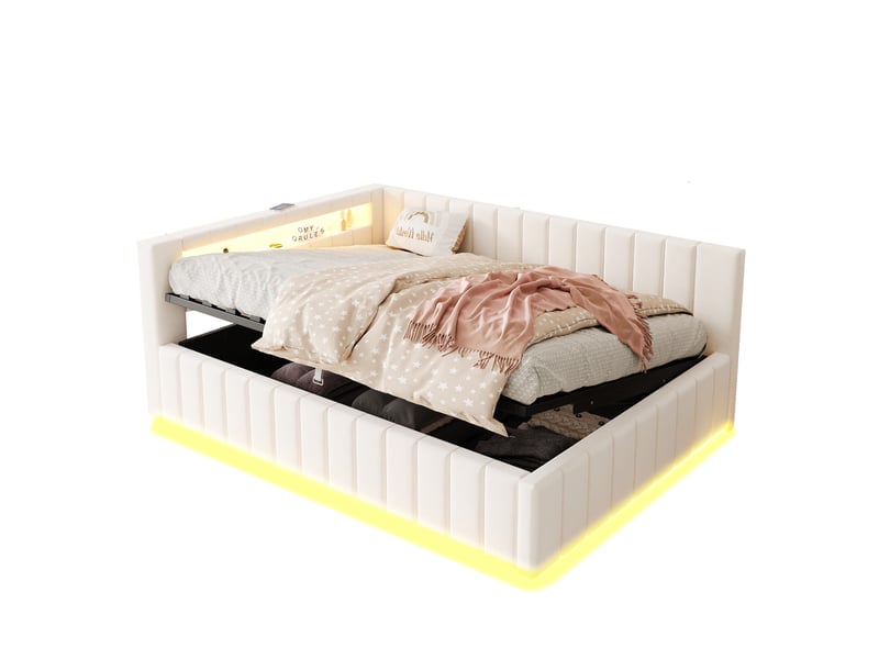  Lit coffre rembourré 2 places 140x200 cm avec rangement hydraulique, led, usb, tête de lit et dossier rembourrés sommier à lattes, velours beige clair  - Conforama A