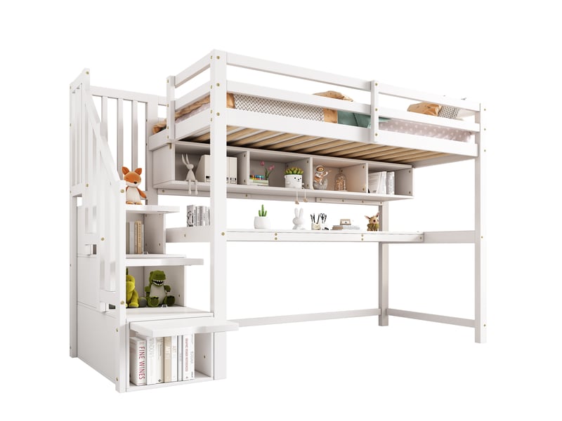  Modenvie lit mezzanine enfant 90x200 cm - avec escalier de rangement, bureau et étagères - blanc  - Conforama A