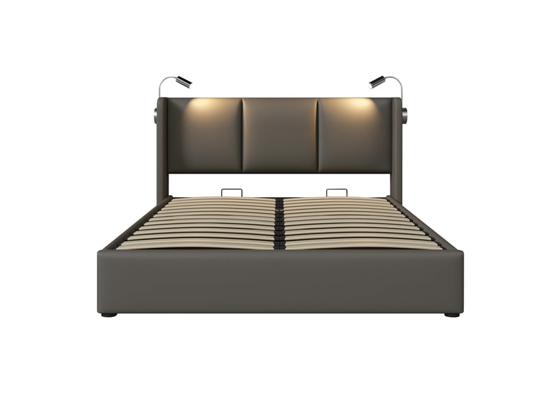  Lit coffre, lit double 160x200 cm, lampe de lecture, sommier à lattes, matelas inclus, pu gris  - Conforama D