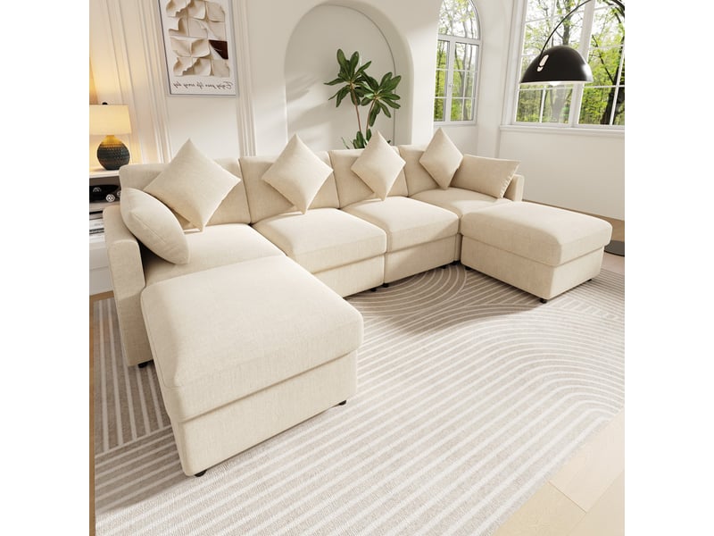 Canapé d'angle en forme de u ,6 places, avec 2 poufs,incluant 4 coussins décoratifs et 2 appuie-têtes,284x156x86,beige - Conforama D