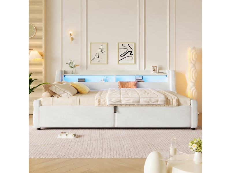  Lit coffre hydraulique 140 x 200 cm en velours beige avec éclairage led multicolore, sans matelas  - Conforama B