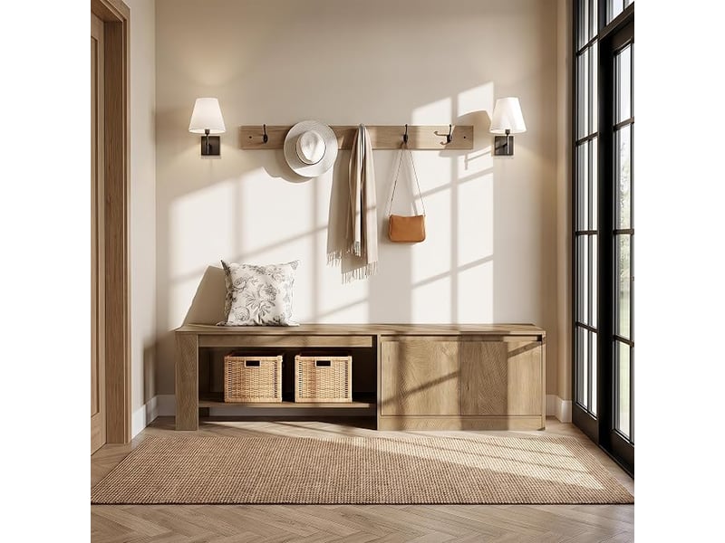 Banc à chaussures avec rangement intégré 160 cm, banc avec placard et 2 étagères ouvertes, banc d'entrée en bois pour couloir, entrée, chambre, étagère à chaussures avec siège  - Conforama E