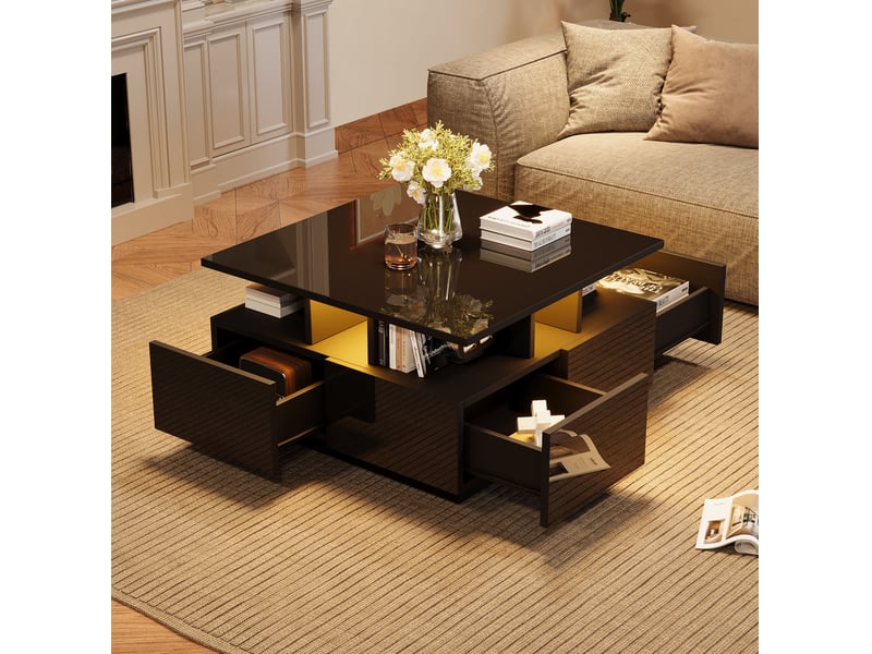  Table basse led avec 4 tiroirs et 3 niveaux de rangement, finition brillante, pour salon, 70 × 70 × 40 cm  - Conforama C