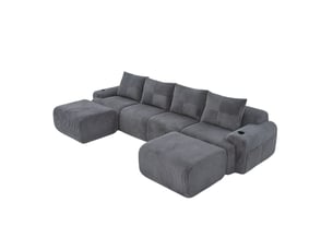 Canapé modulable, canapé de salon – gris foncé, porte-gobelets, en velours tricoté