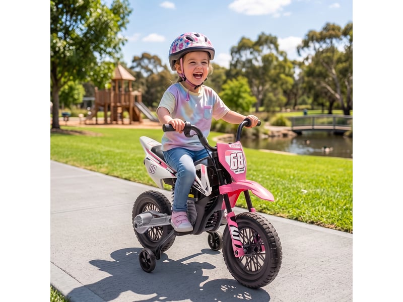  Moto électrique pour enfant moto cross pour enfants de 3 à 6 ans 2 moteurs 12v vitesse 5 kmh 109,5x60x72,5cm rose  - Conforama D