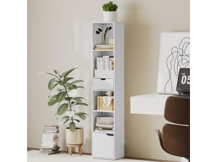Bibliothèque avec tiroir et porte en panneau de particules blanc 30x24x158 cm