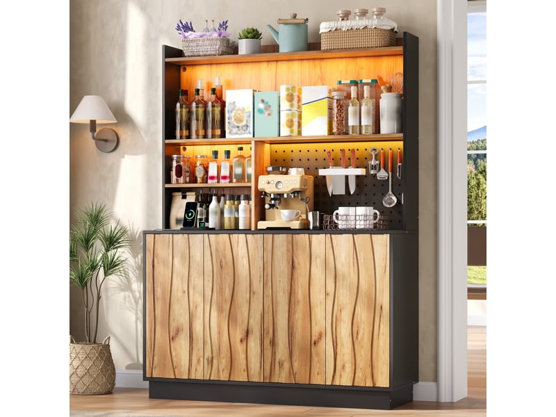 Buffet haut de cuisine 120 x 43 x 160 cm bois naturel et noir, led rgb par application, 4 portes, prises, usb et panneau perforé, pour cuisine - Conforama B