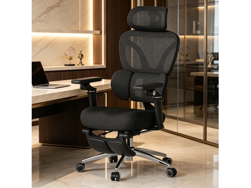  Chaise de bureau pivotante avec repose-pieds, appuie-tête et soutien lombaire réglables en maille noire  - Conforama E