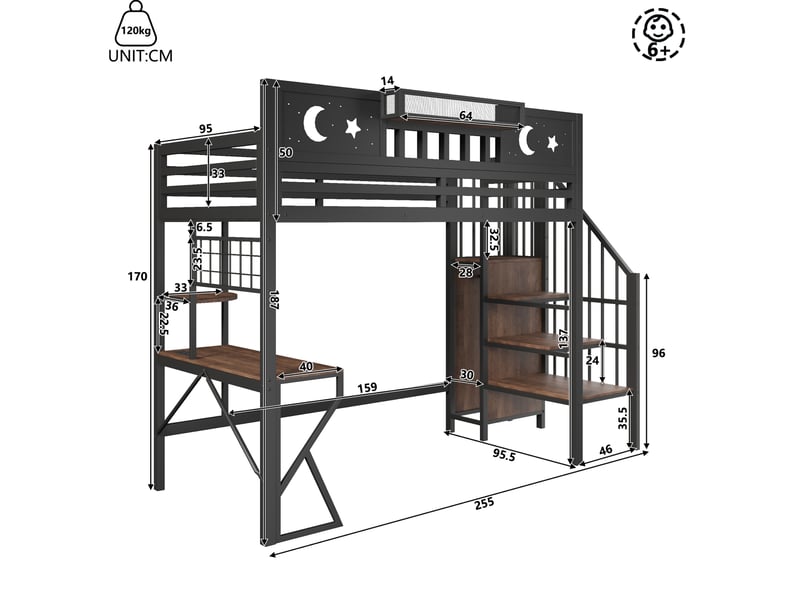  Lit mezzanine enfant 90x200 cm, bureau usb led rangements, escalier garde-corps, métal mdf noir sans matelas  - Conforama C
