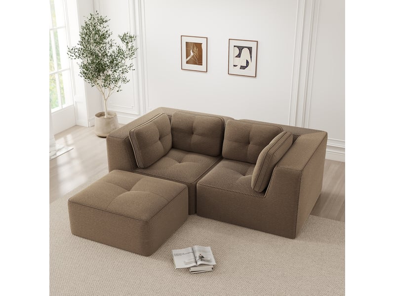  Canapé d'angle modulable 2 places en velours côtelé marron avec repose-pieds mobile  - Conforama C