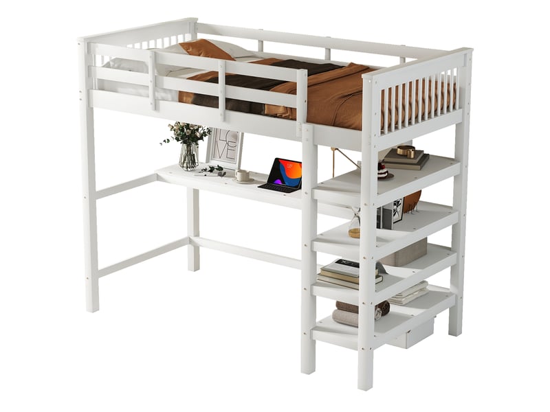  Lit mezzanine enfant 90 × 200 cm 1 place avec bureau et étagères, sans matelas, en pin et mdf, blanc  - Conforama A