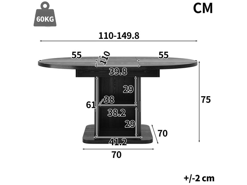  Table de salle à manger extensible avec espace de rangement (110–149,8 cm), portes coulissantes et étagère amovible, noir  - Conforama C