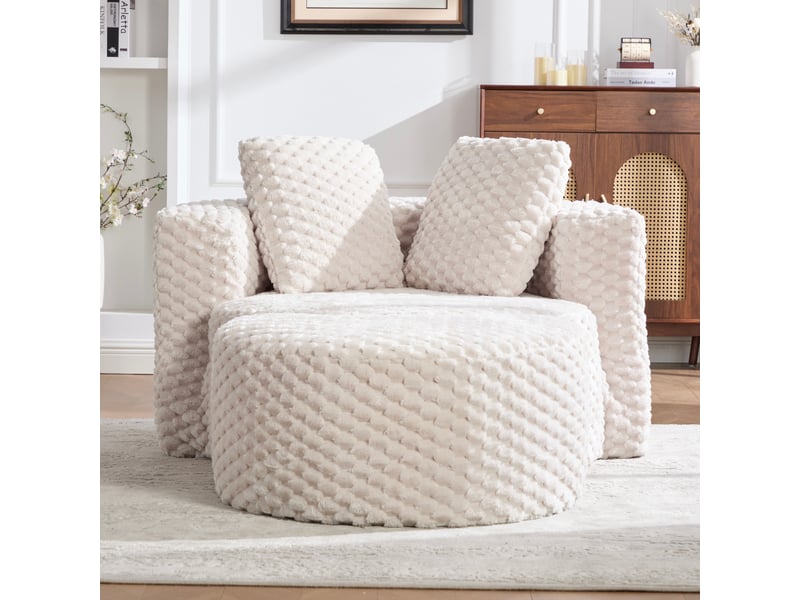  Fauteuil avec pouf design baril 360 avec assise ergonomique et confort relaxant, en tissu beige, 129 × 116 × 65 cm  - Conforama B