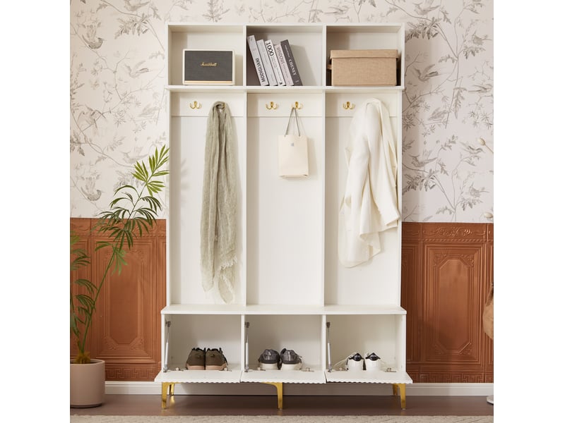 Meubles d'entrée avec banc coffre, rangements ouverts et 6 crochets dorés, pour couloir, blanc, 120 × 40 × 191 cm - Conforama C