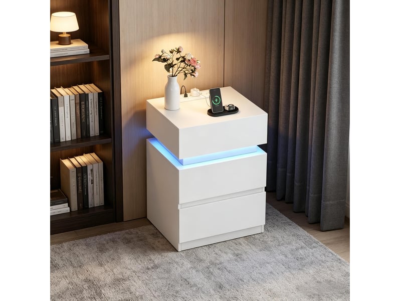 Table de chevet led 40x35x55 cm – blanc – station de charge, 2 prises, 2 usb et rangement - Conforama D