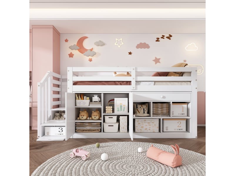  Lit enfant multifonction 90x200 blanc avec escalier et rangement - tiroirs convertibles en bureau  - Conforama D