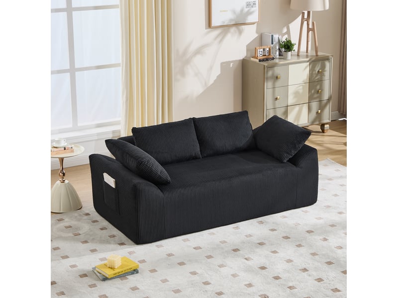  Canapé droit 2 places nuage sans structure, poches latérales et assise profonde en tissu noir, 170 × 86 × 60 cm  - Conforama D