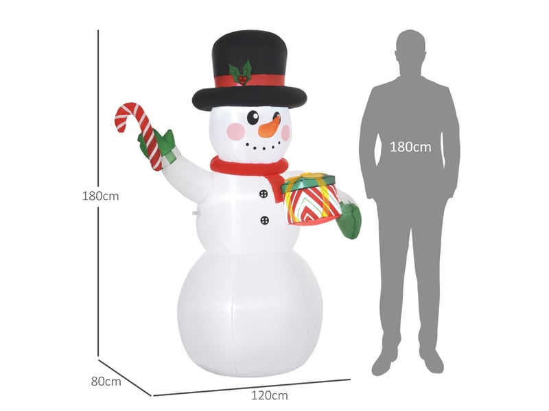  Bonhomme de neige de 1,80 m avec canne de noël et cadeau, autogonflant, led, résistant aux intempéries  - Conforama E