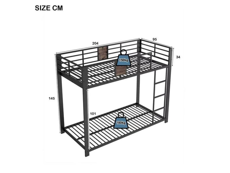  Lit superposé 90x200 cm en métal noir avec échelle réversible et garde-corps  - Conforama C