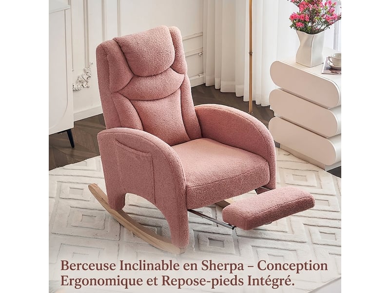  Fauteuil à bascule rose en tissu teddy avec accoudoirs et repose-pieds pliable  - Conforama D