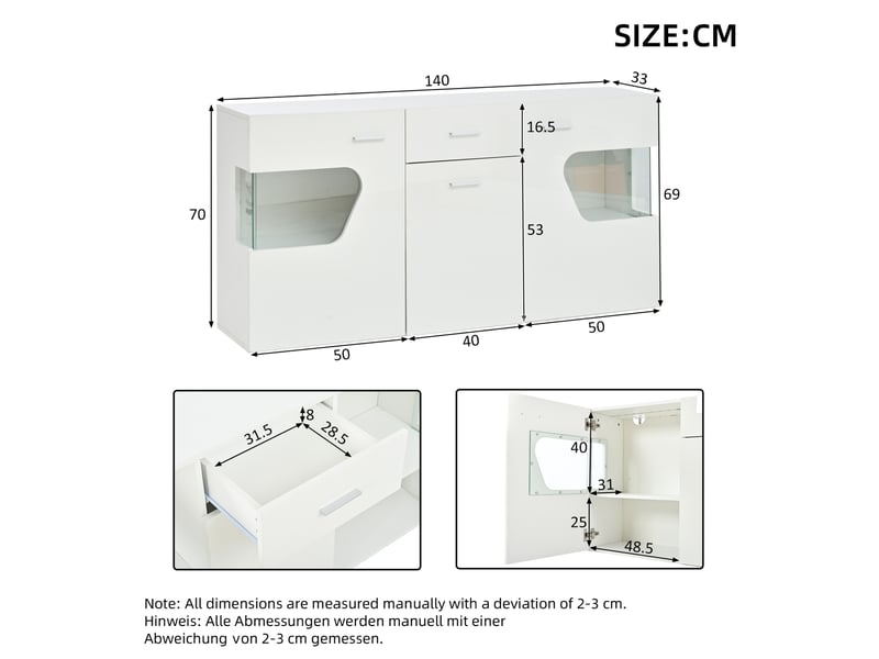  Buffet 3 portes 140x33x70 cm avec éclairage led en mdf et verre blanc brillant  - Conforama E
