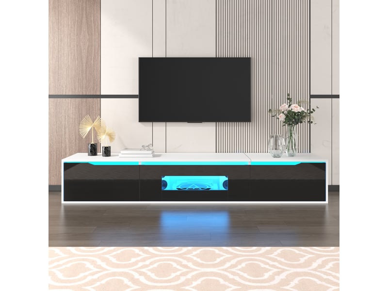  Meuble tv noir et blanc brillant avec éclairage led - couleurs changeantes, design moderne  - Conforama E