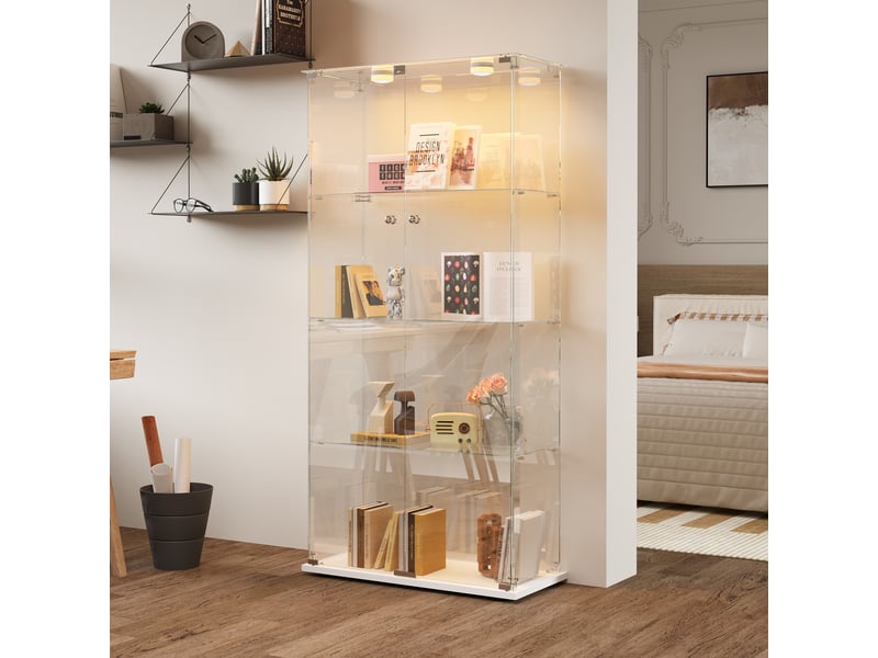  Vitrine en verre 4 niveaux double porte - blanc - 78,5 x 36,5 x 163 cm - grande armoire d'exposition avec éclairage led et base blanche  - Conforama C