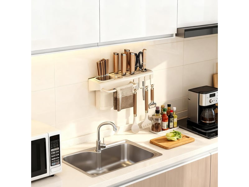  Porte couteau,range couteaux de cuisine multifonctionnel avec porte baguettes,porte chiffons et 4 crochets, support couteaux résistant à l'eau  - Conforama C