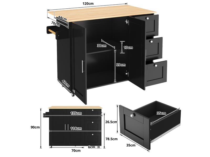  Desserte de cuisine 135x44(70)x90 cm noire et naturelle avec plateau rabattable  - Conforama C