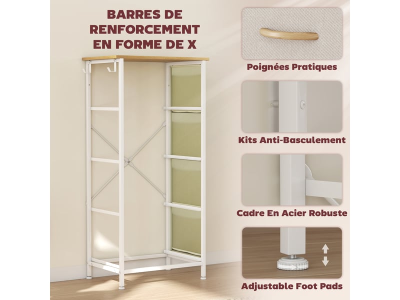  Commode 4 tiroirs en tissu, meuble de rangement avec 4 poches, 2 crochets, structure en acier, 45 x 30 x 94,5 cm, beige  - Conforama R