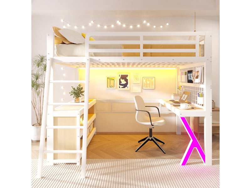  Lit mezzanine 140x200 cm avec bureau intégré, rangements, éclairage led multicolore et garde-corps, métal et mdf - blanc (sans matelas)  - Conforama D