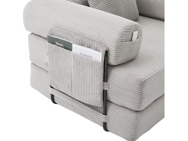  Canapé modulable 4 places en velours côtelé gris clair avec pouf, poche latérale et cadre métal  - Conforama D