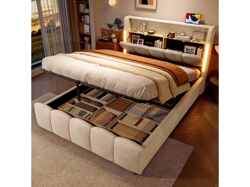 Lit coffre rembourré rangement 140x200 cm sans matelas led tête compartiment hydraulique usb type-c velours beige - Conforama C