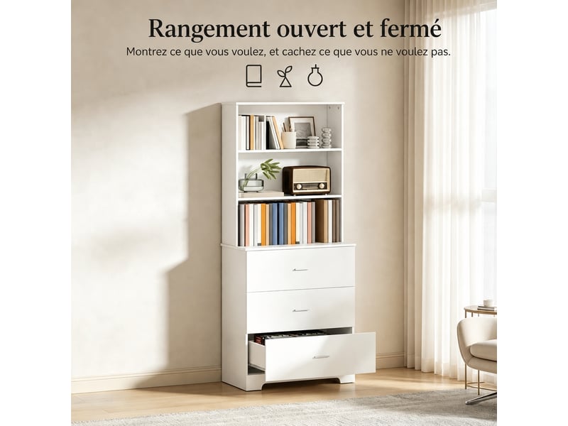  Bibliothèque moderne à 6 niveaux, 3 tiroirs et 3 étagères ouvertes, blanche  - Conforama D