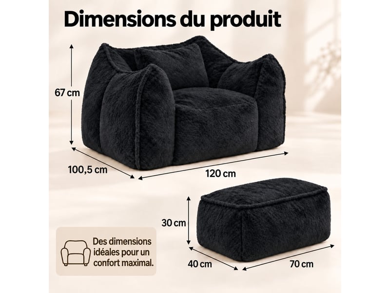 Fauteuil pouf paresseux en fausse fourrure avec repose-pied, sans montage, mousse déchiquetée haute densité, ergonomique,noir - Conforama D