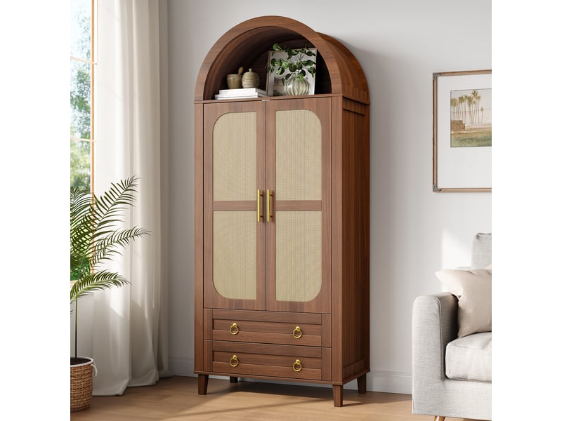 Armoire penderie 76x50x184cm, 2 portes effet rotin, led par application, niche cintrée, tringle, 2 tiroirs et pieds en bois massif, noyer pour - Conforama B