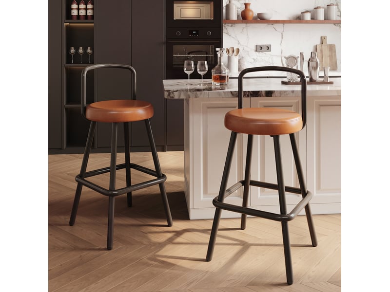  Tabouret de bar ergonomique avec dossier et repose-pieds, structure stable, en pu imperméable et métal marron  - Conforama C