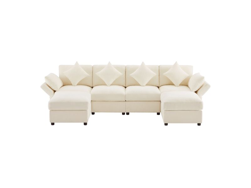  Canapé modulable 284x156,5x86 cm accoudoirs réglables chenille beige  - Conforama A