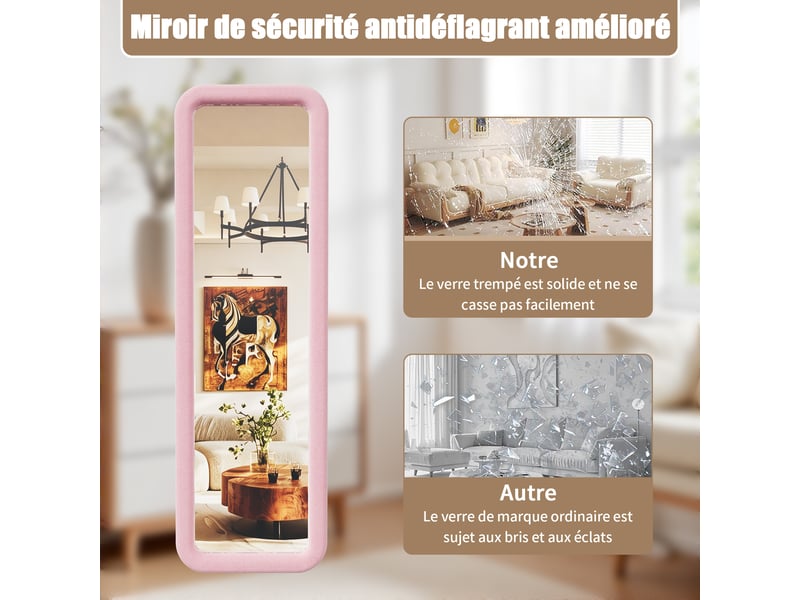  Miroir pleine longueur rose 160x50 cm à bords arrondis, cadre en flanelle rembourrée, au sol ou mural pour chambre et dressing  - Conforama E