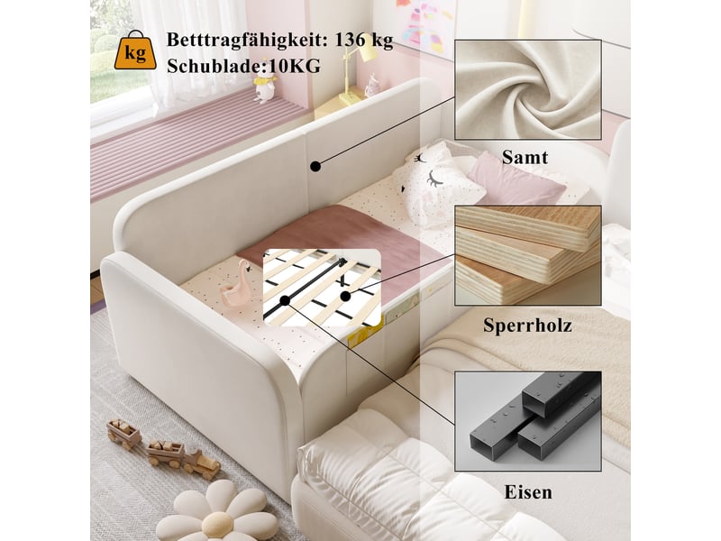  Lit rembourré enfant 90x200 cm, canapé-lit avec 3 petits sacs de rangement, velours + mdf + contreplaqué, 2 tiroirs sur roulettes  - Conforama E