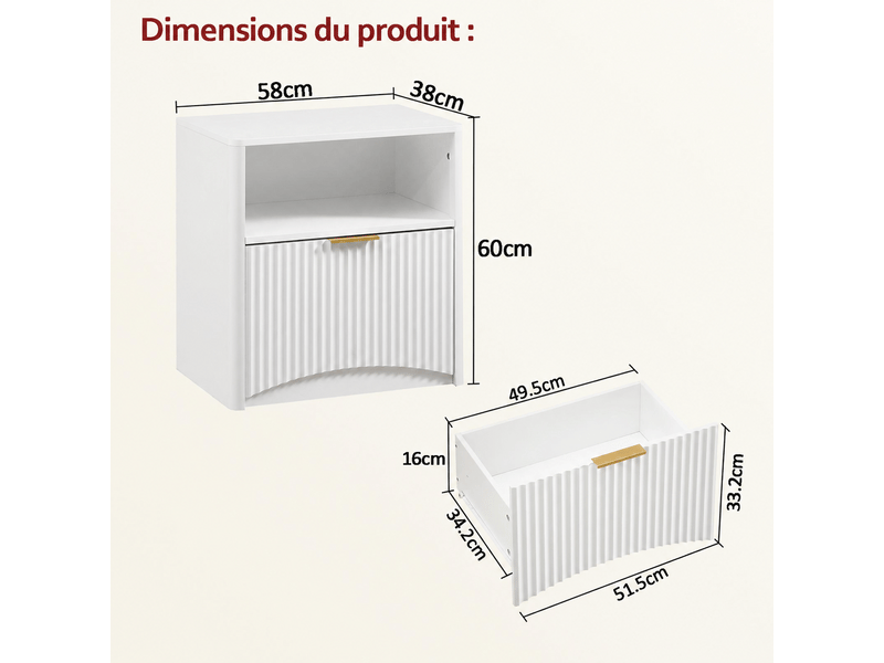  Chevet - avec rangement - avec tiroirs - gain de place - fonctionnement silencieux - panneaux de particules - blanc - pour chambre 58x38x60cm - Conforama W