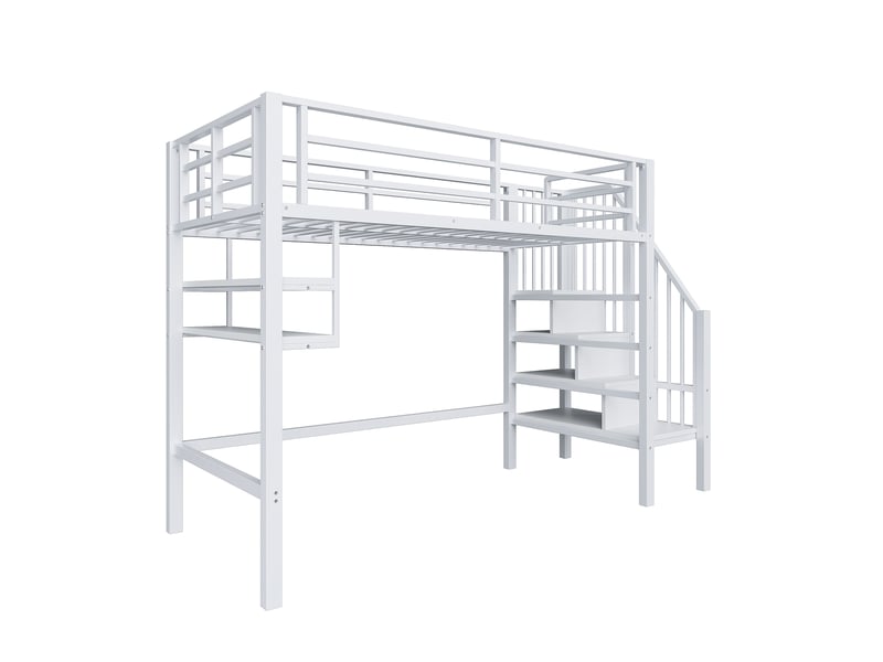  Lit mezzanine blanc 90x200 cm avec étagères, échelle rangement et garde-corps  - Conforama E
