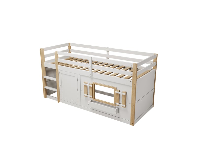  Lit superposé 90x200 cm avec porte, lit enfant multifonctionnel avec échelle, pouvant être transformé en aire de jeux, blanc  - Conforama B