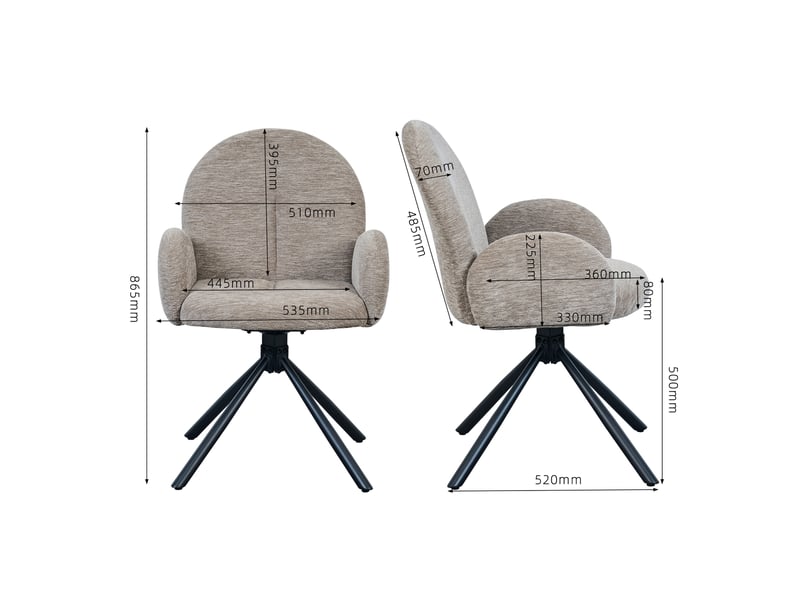 Lot de 2 chaises de salle à manger pivotantes avec accoudoirs - chenille métal noir taupe - Conforama D