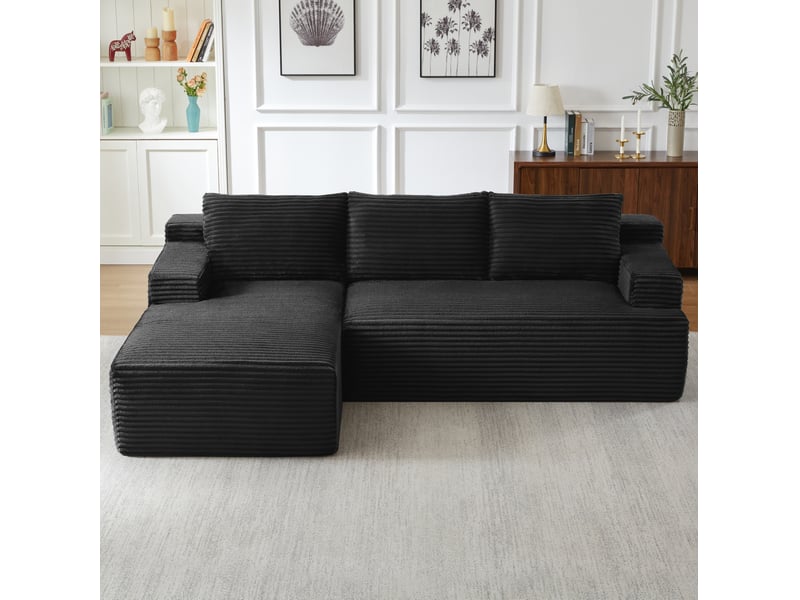  Canapé d'angle compressé en l 238x152x66 cm modulable 3 places, mousse et velours côtelé couleur noir, moderne  - Conforama B