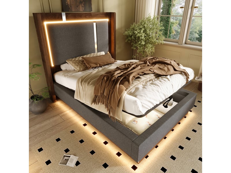  Lit coffre 90 x 200 avec led, sommier à lattes, gris et noyer  - Conforama D