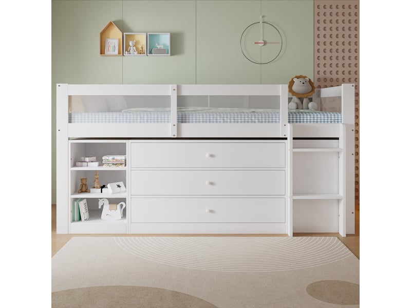 Lit mezzanine enfant 90x200 cm - avec échelle - avec 3 tiroirs et des compartiments de rangement ouverts - bois massif + mdf - blanc (sans matelas)  - Conforama C