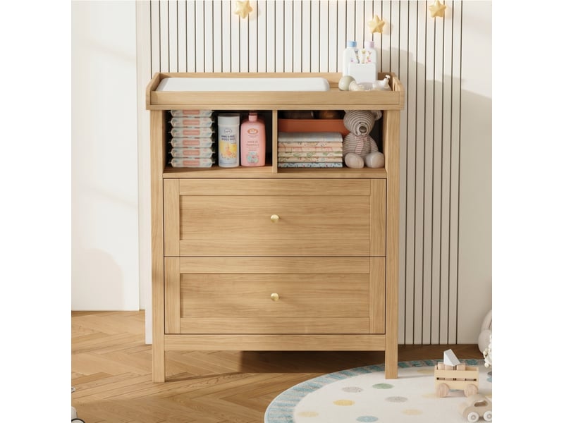 Commode à langer avec 2 tiroirs et niches ouvertes, rebord de sécurité amovible pour chambre bébé en mdf naturel - Conforama C